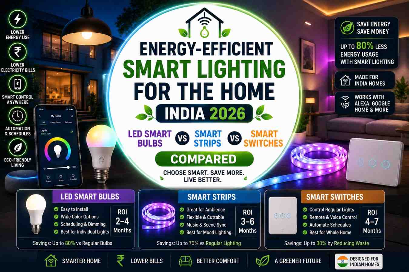 Energy-Efficient Smart Lighting for the Home India 2026 — LED Smart Bulbs vs Smart Strips vs Smart Switches Compared